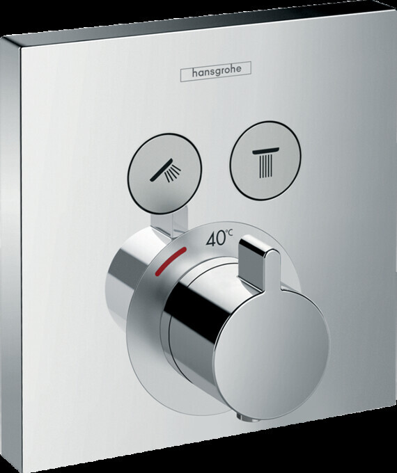 Hansgrohe-Wandarmatur mit 40°C-Temperaturregler und zwei Symbolknöpfen für Dusche/Strahl