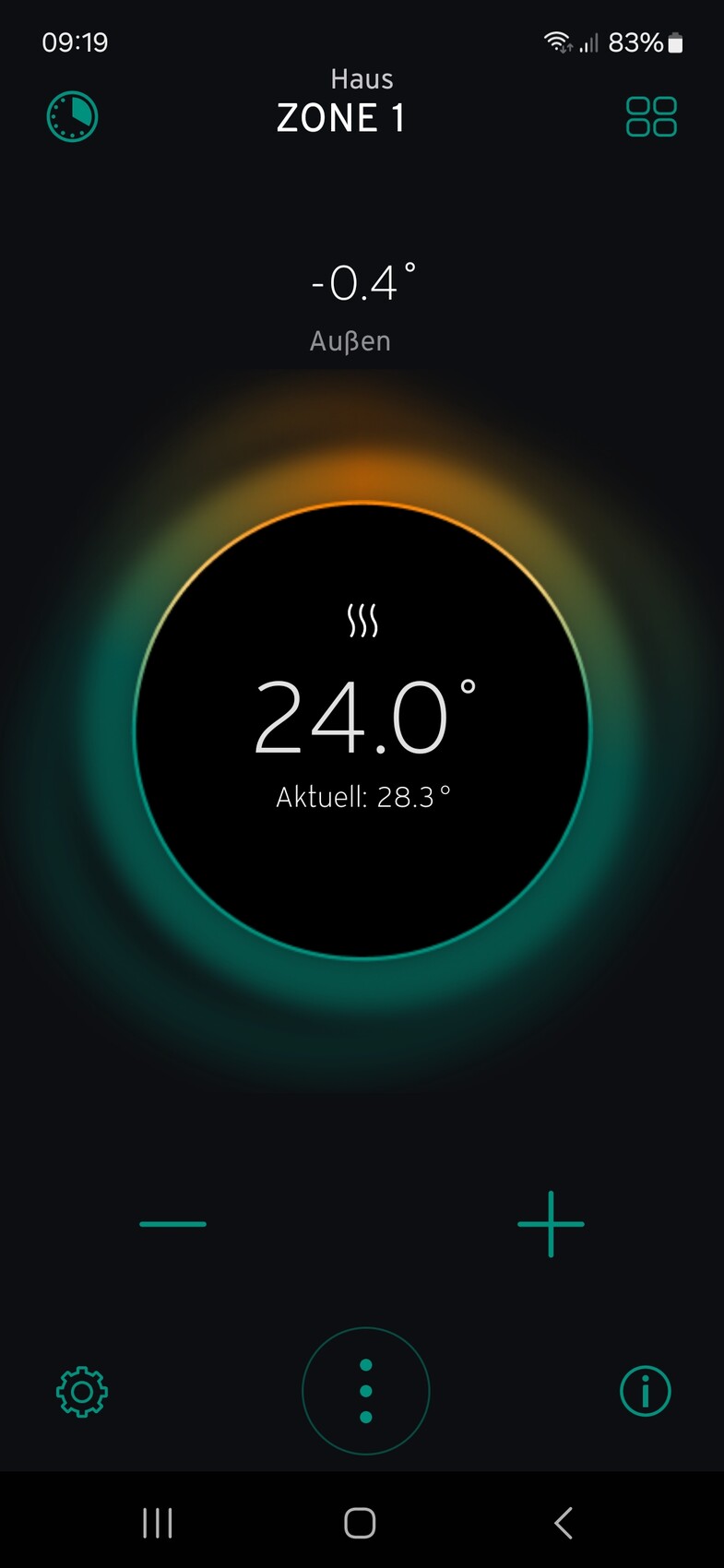 Smartthermostat-App: Außen -0.4°, zentrale Anzeige 24.0°, Innen 28.3°, Zone 1