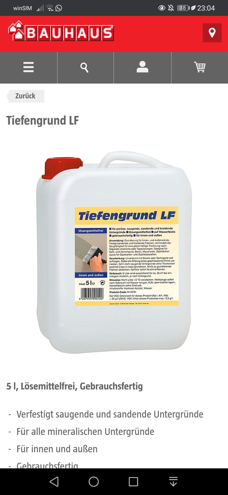 Weiße 5-Liter-Flasche Tiefengrund LF mit rotem Schraubdeckel und Tragegriff