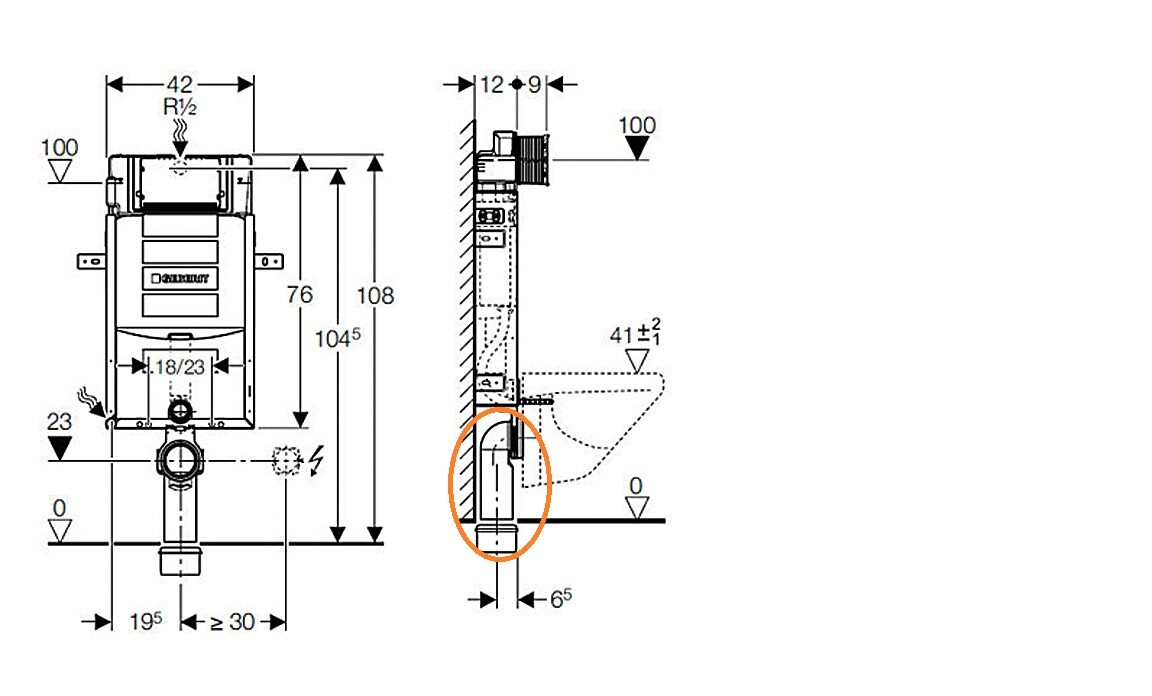 Technische Zeichnung einer Toilette mit Unterputz-Spülkasten und Montage-Details