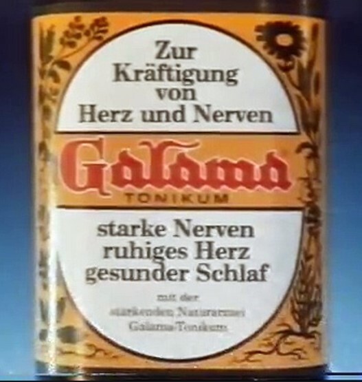 Etikett einer Tonikumflasche mit deutschem Text: "Zur Kräftigung von Herz und Nerven".