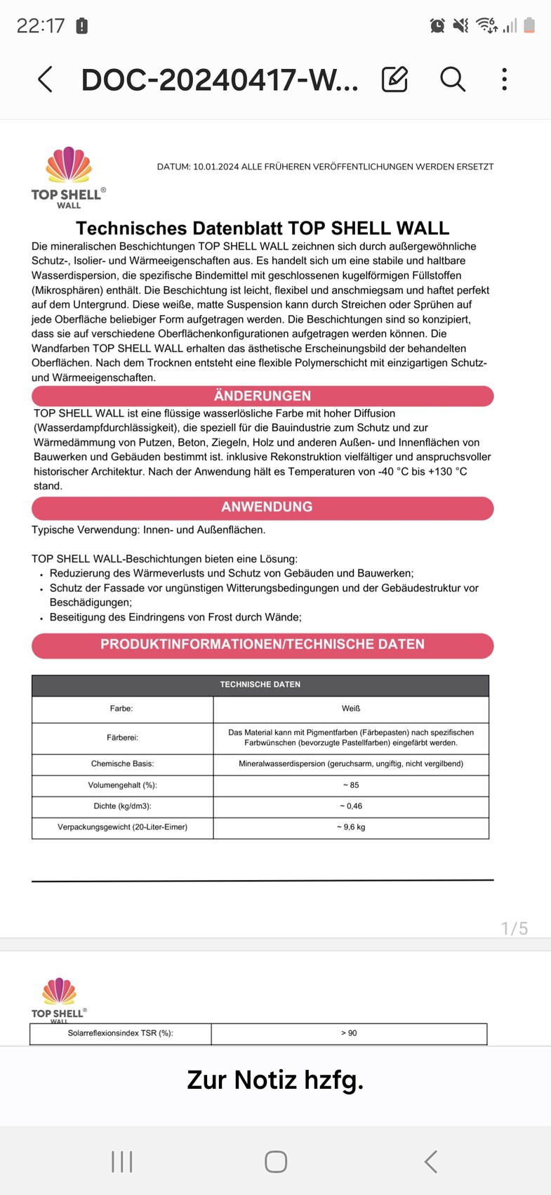 Technisches Datenblatt TOP SHELL WALL-Beschichtung mit Logo und Textinhalten
