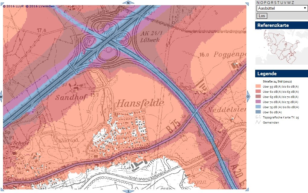 Topografische Karte mit Autobahnkreuz, farblich markierte Zonen und Legende