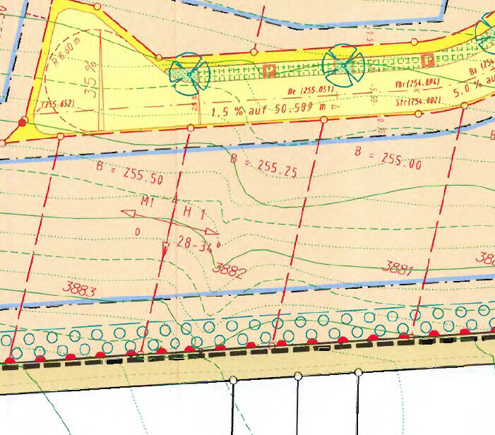 Bauplan-Topografie mit roten Linien, blauen Wasserwegen, grün gezeichneten Konturen.