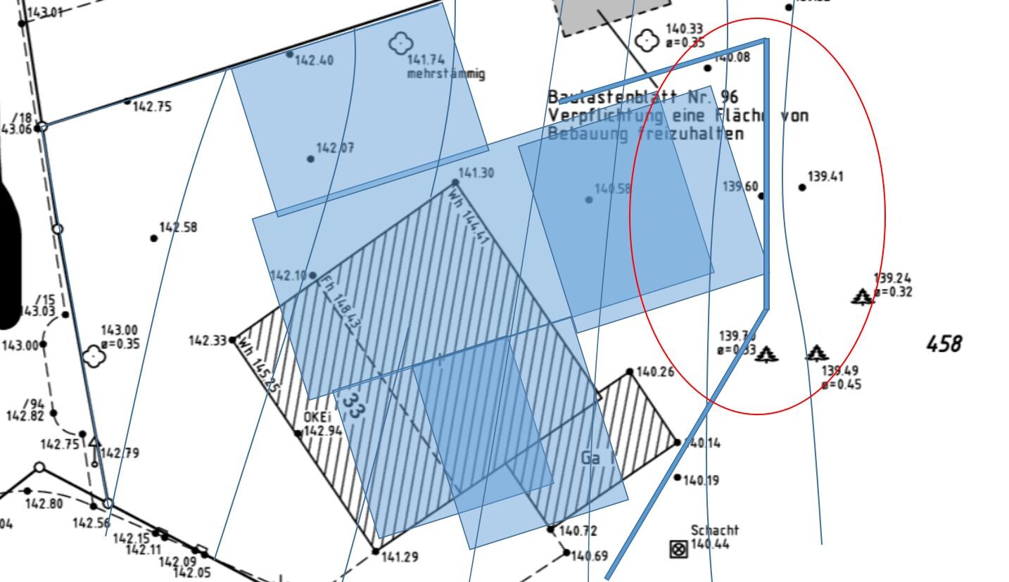 Geologische Karte mit blauen Transparenzflächen, schraffiertem Bereich und rotem Oval.