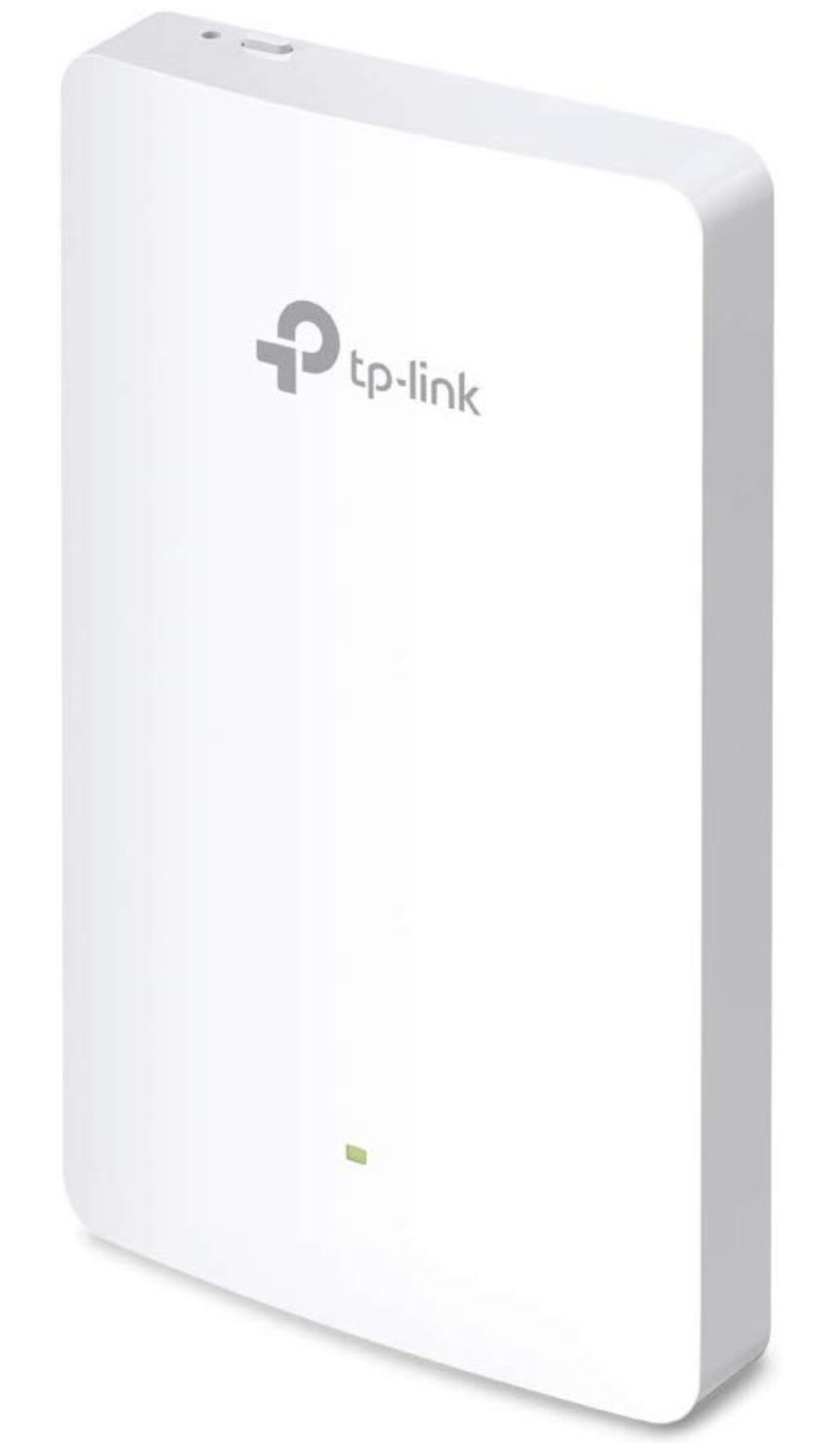 Weißer TP-Link Netzwerkadapter, vertikal stehendes Gehäuse mit kleiner grüner LED unten.