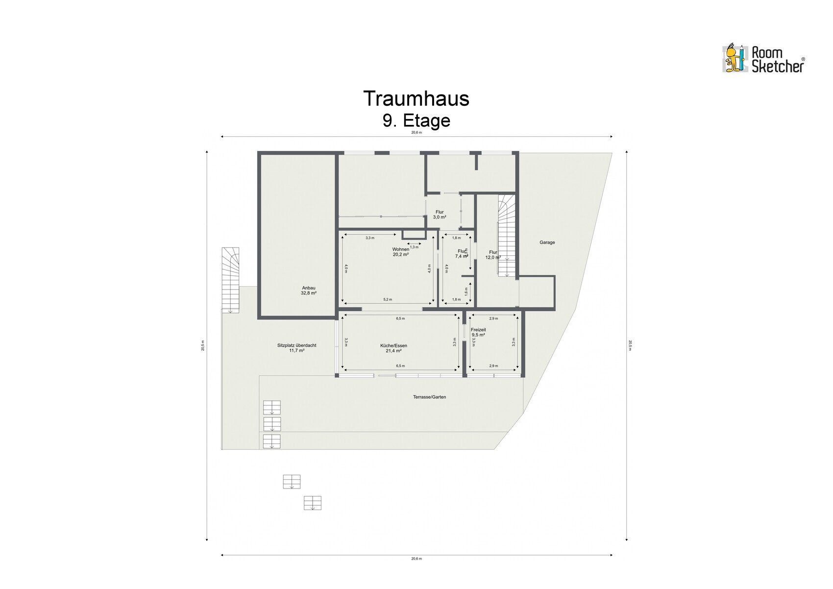 Grundrissplan Traumhaus 9. Etage mit Terrasse, Garten und Garage