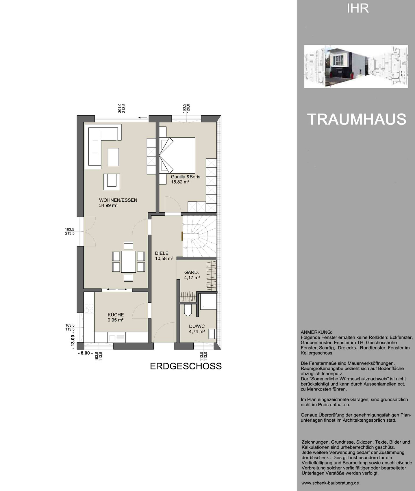 Grundriss Erdgeschoss: Wohn-/Esszimmer, Küche, Diele, Garderobe, DU/WC, Schlafzimmer