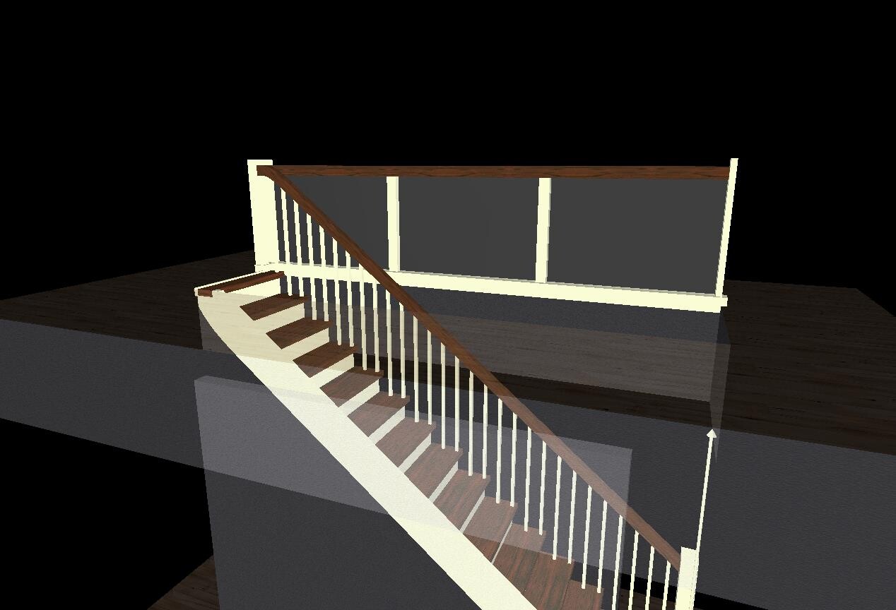 3D-Rendering einer Innen-Treppe mit Holzstufen und Geländer im Obergeschoss