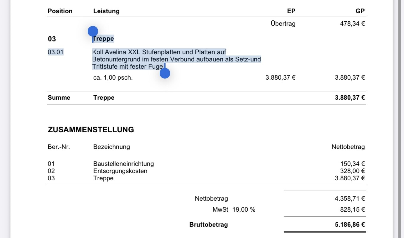 Rechnungsdokument: Position 03 Treppe; Stufenplatten-Beschreibung; Gesamt 3.880,37 €
