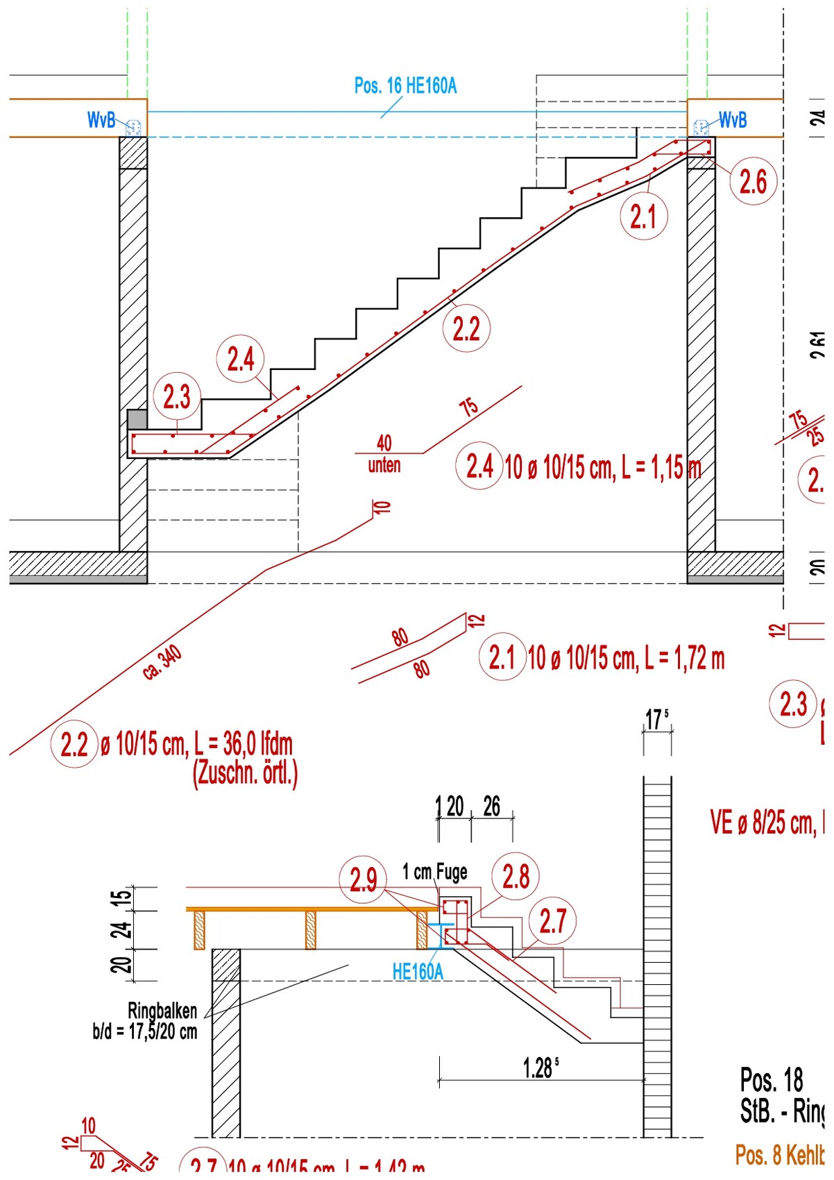 Technische Zeichnung eines Treppenaufstiegs in Schnittansicht mit Maßen.