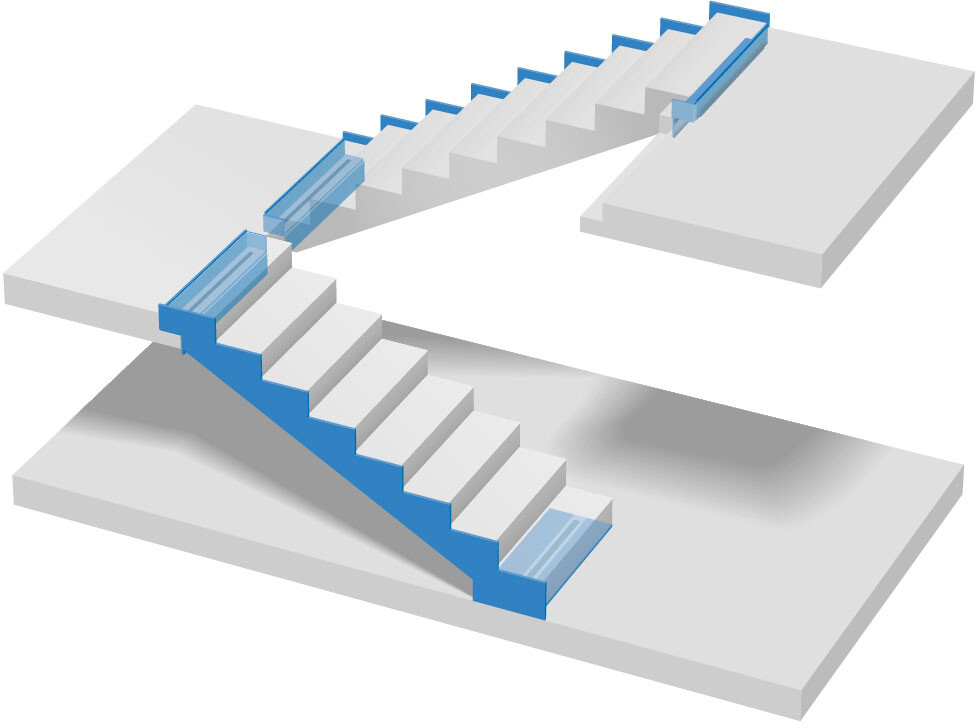 3D-Diagramm einer Treppe mit Geländer als Schnittmodell des Stufenaufbaus