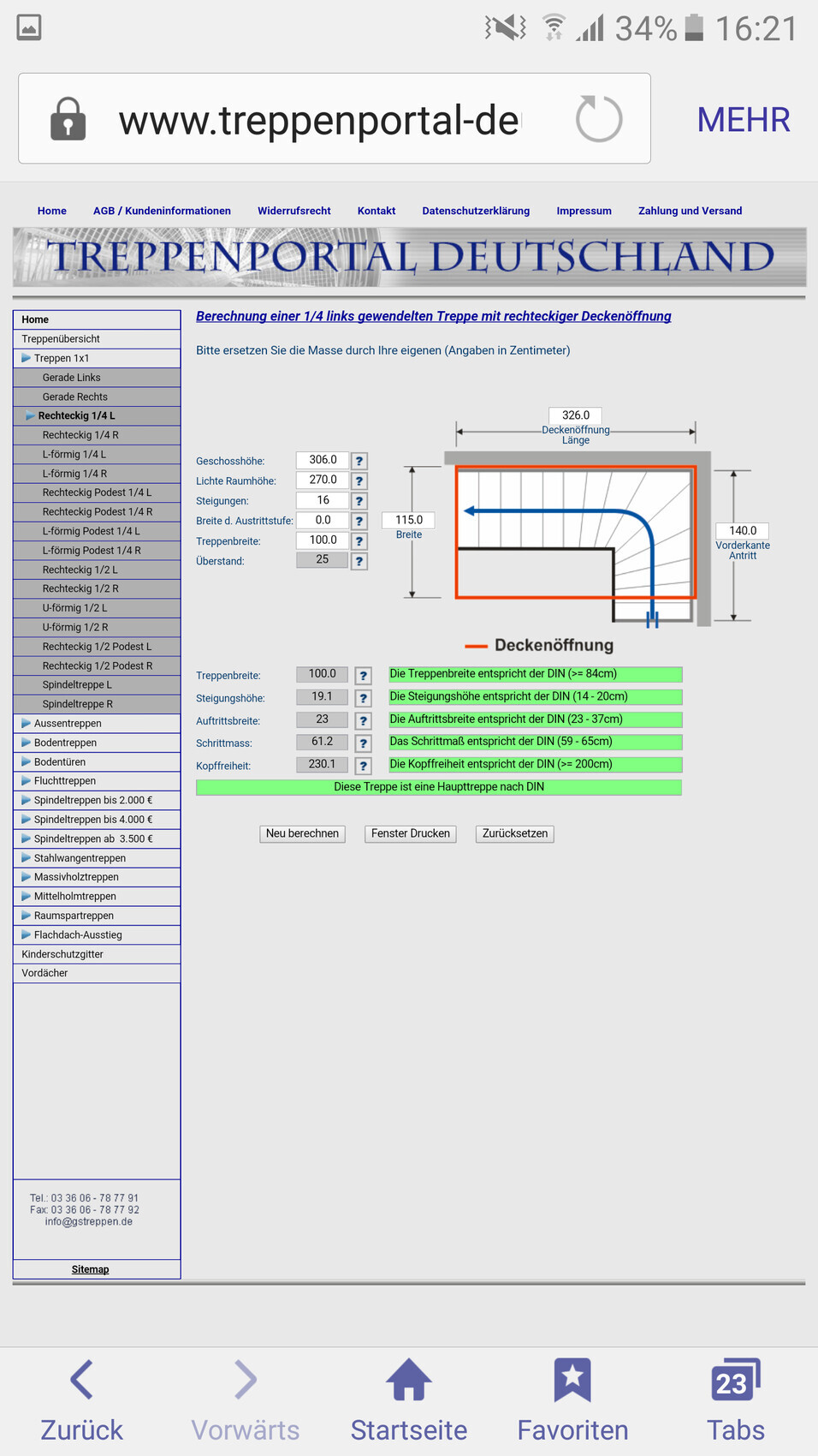 Screenshot einer Treppenberechnungsseite mit Diagramm einer 1/4 links gewendelten Treppe