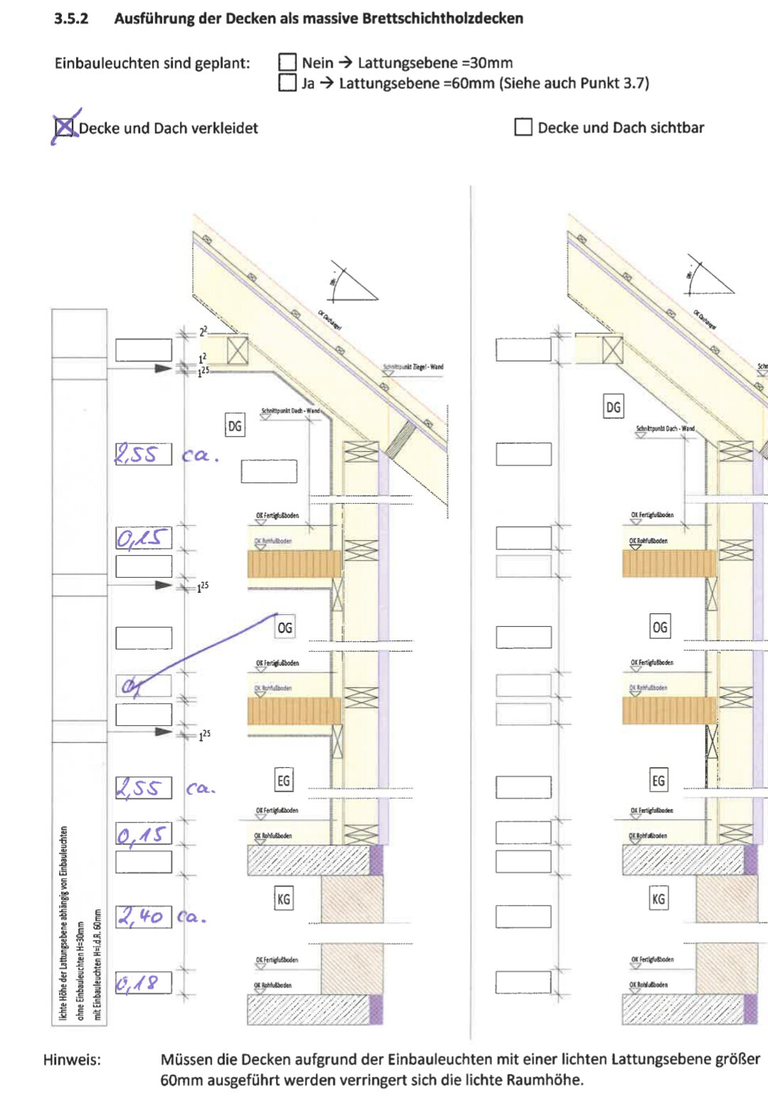 Seitenansicht einer massiven Brettschichtholzdecke (BSH) mit DG, OG, EG.