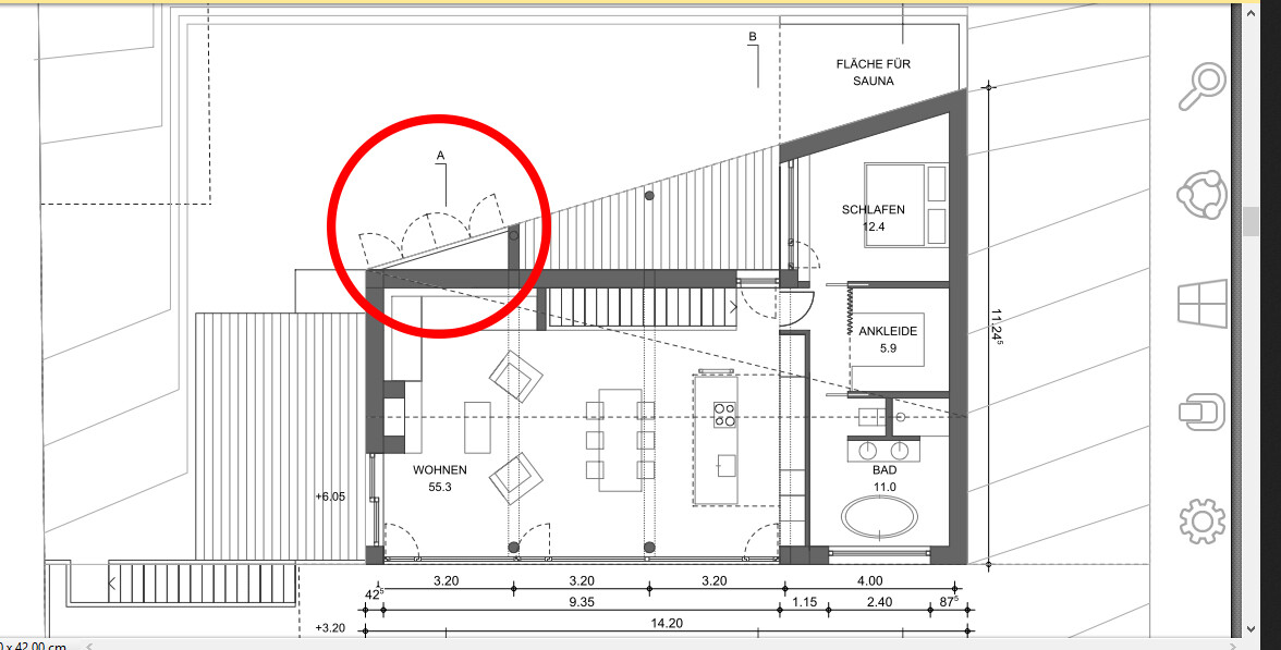 Grundriss eines Hauses: Wohnzimmer links, Schlafbereich rechts; markierter Treppenaufgang