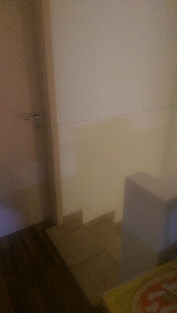 Dunkler Innenbereich mit Tür links und Treppenstufen im Flur.