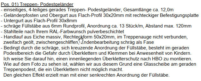 Detailierte Beschreibung von Treppen-Podestgelander mit Glasfüllung und Befestigung