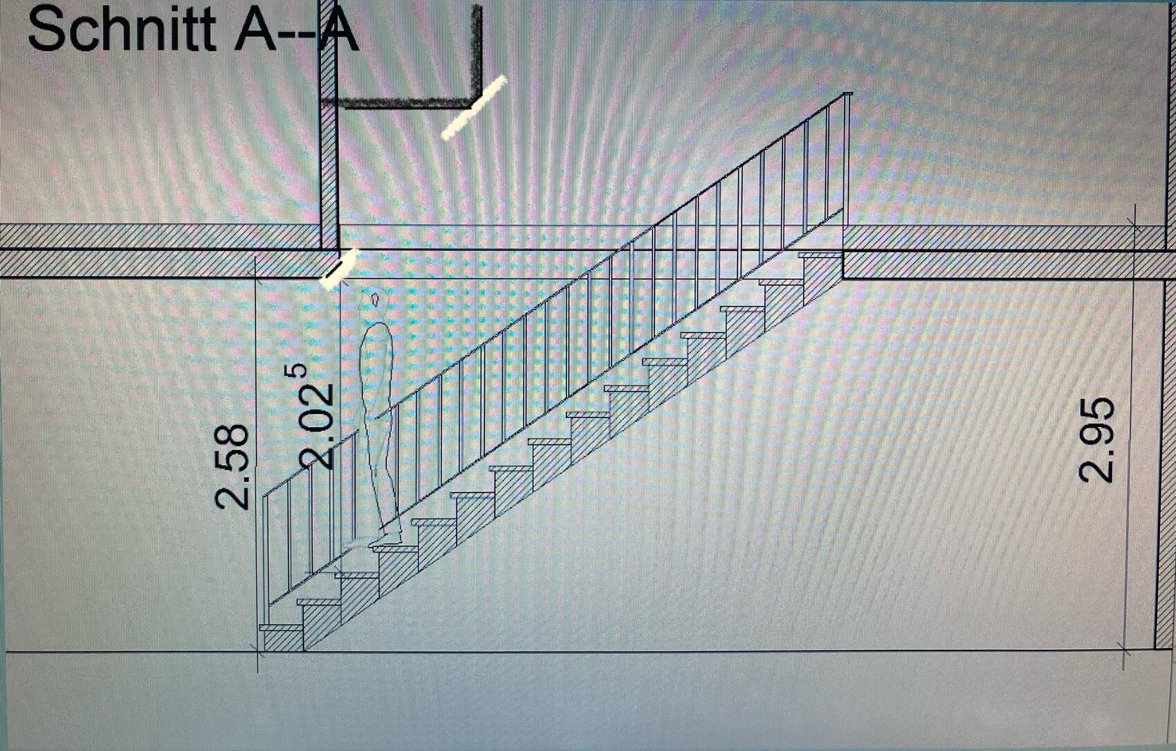 Technische Zeichnung einer Treppe im Schnitt A-A mit Geländer und Maßen