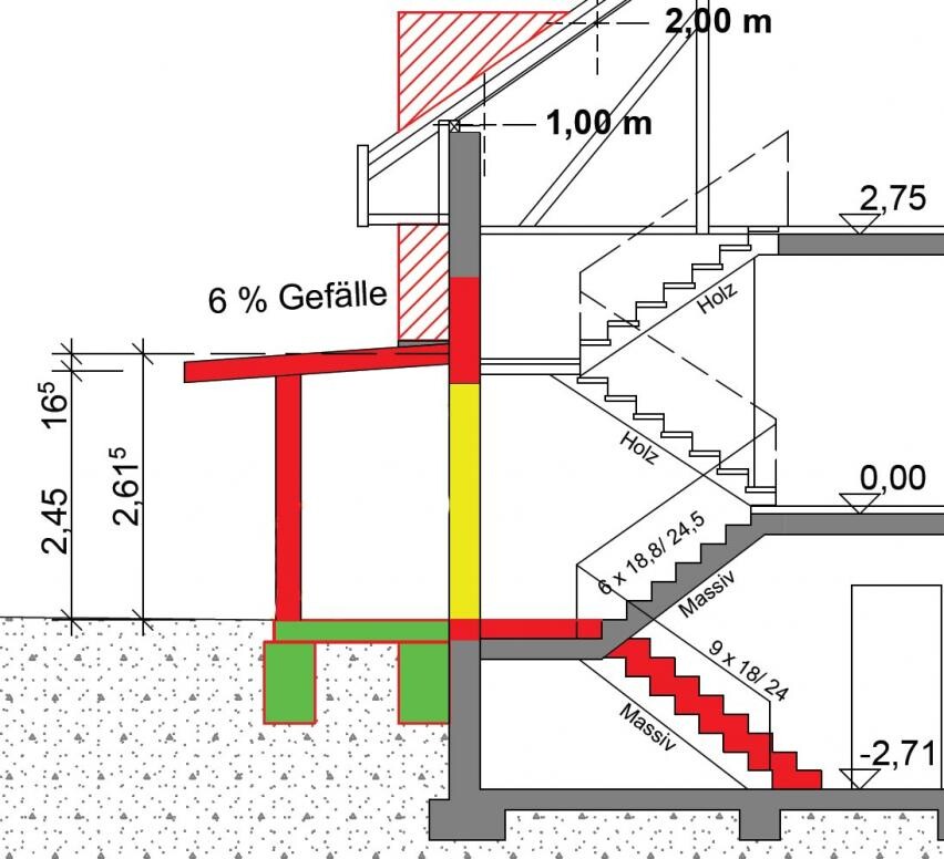Schnittzeichnung eines Hauses mit Treppe, Wänden, Fundamenten und Stützen