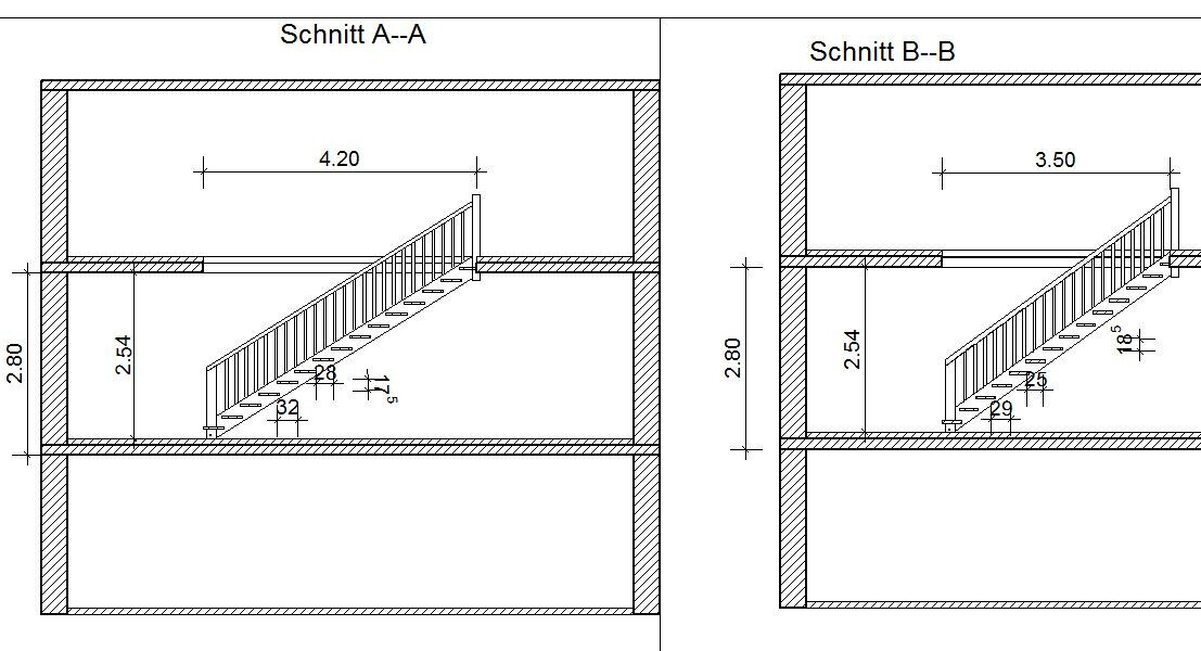 Technische Zeichnung: Querschnitt A-A und B-B einer Treppe mit Geländer, Maße.