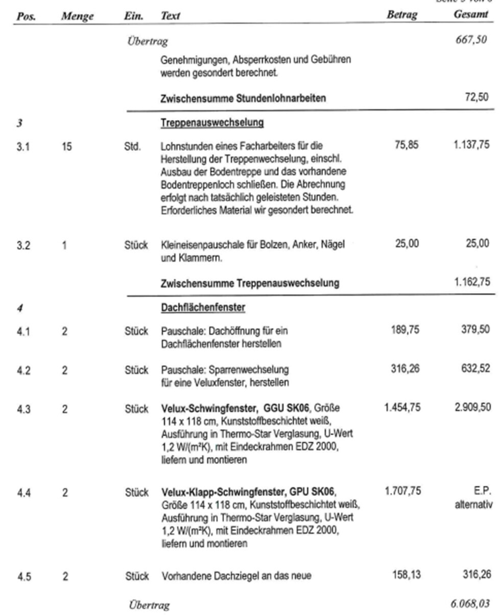 Kostenaufstellung/Abrechnung mit Posten wie Treppenauswechselung und Dachflächenfenster.