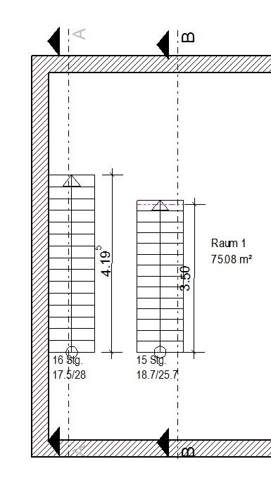 Draufsicht Grundriss: Raum 1 mit zwei Treppenhäusern (Stg 16 links, Stg 15 rechts) und Maßenangaben.