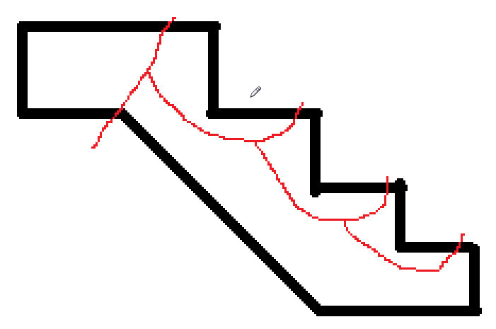 2D Grundriss mit Treppenstufen und Türschwenken in unregelmaessigem Grundriss