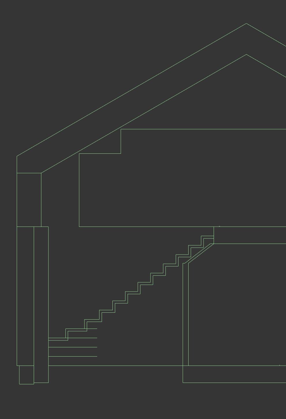 Innenraum-CAD-Zeichnung: Treppe mit Geländer vor einer Wand und Boden.