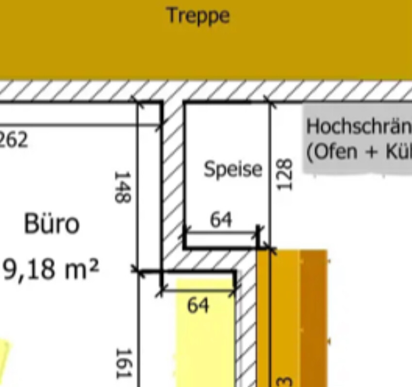 Grundriss eines Gebäudeteils: Büro links, Speise rechts, Treppe oben.