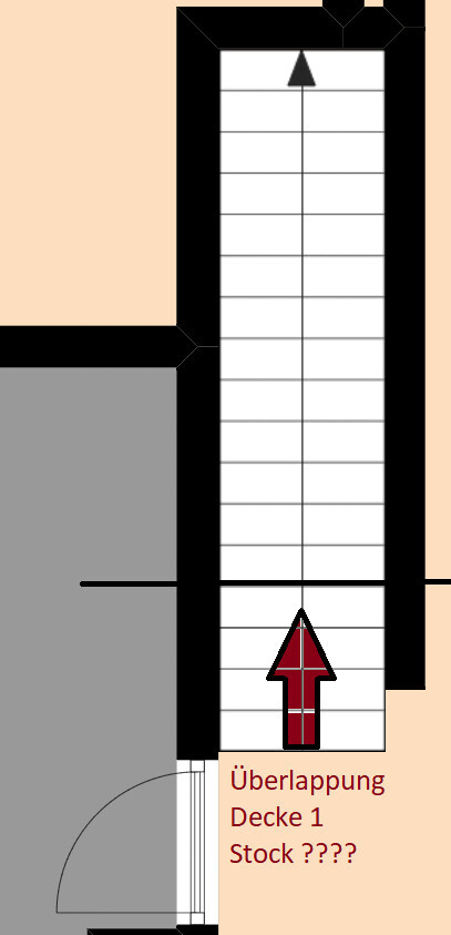 Architekturplan eines Aufzugsschachts mit rotem Pfeil nach oben, umgeben von schwarzen Rahmen.