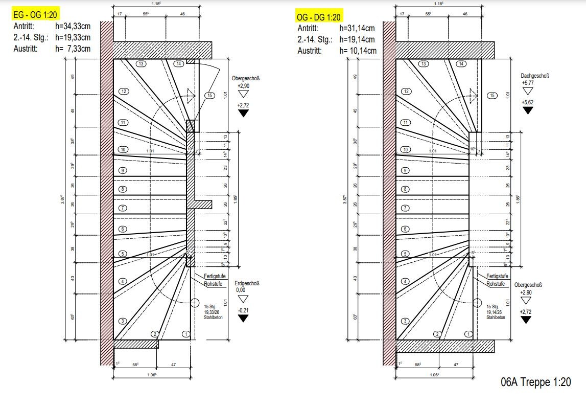 Technischer Treppenplan: zwei 1:20-Schnitte mit Stufen, Höhenangaben, 06A Treppe.