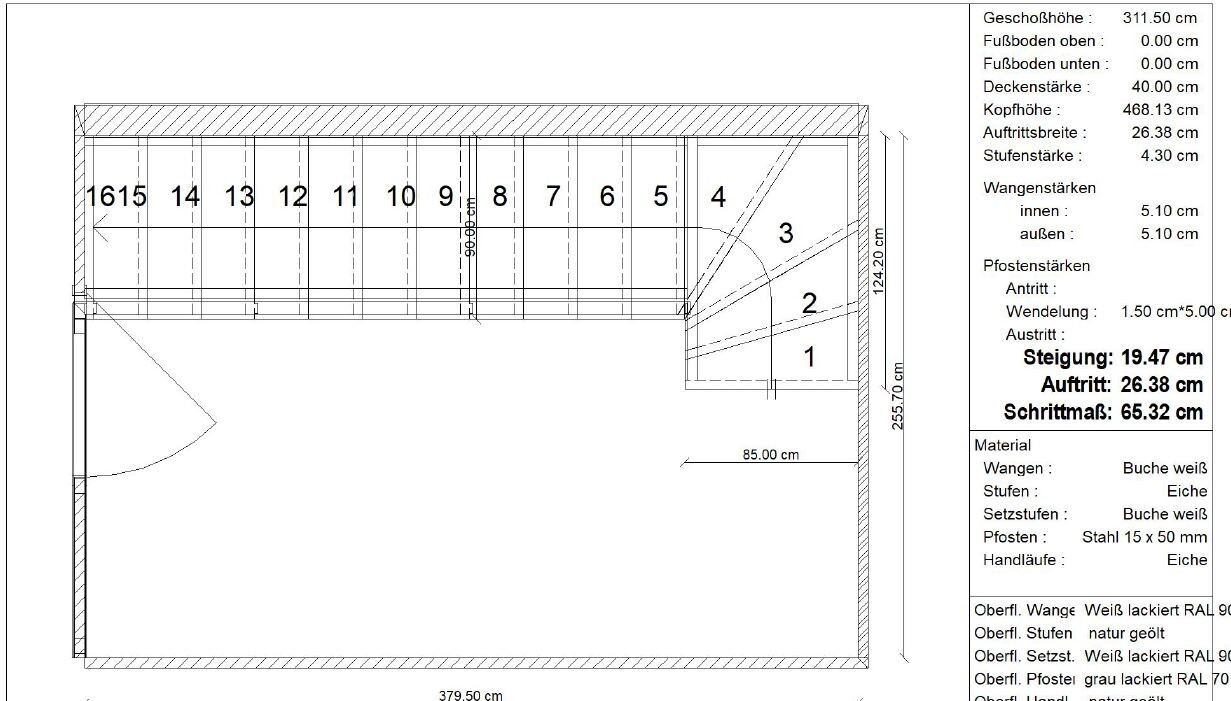 Grundrissplan mit Treppengeometrie, Stufen und Maßangaben