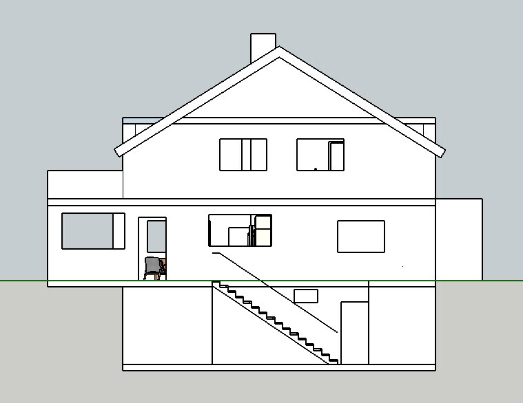 Schnitt durch ein zweigeschossiges Haus mit Keller, Treppe und Fenstern (Innenansicht).