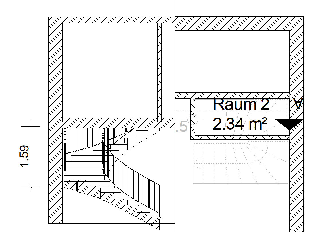Grundriss eines Gebäudeteils: Treppenhaus unten links und Raum 2 mit 2,34 m².