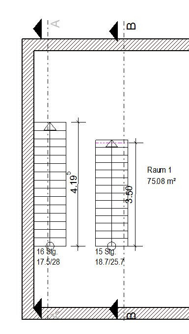 Grundriss von Raum 1 mit zwei Treppen, Außenwand und Achsen A/B.
