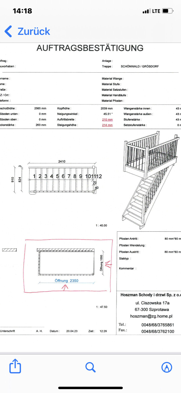 Technische Zeichnung einer Holztreppe mit Geländer, Grundriss, Maßen und 3D-Ansicht