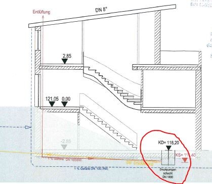 Schnittzeichnung eines Treppenhauses mit zwei Treppenläufen, Geländer und Etagen.