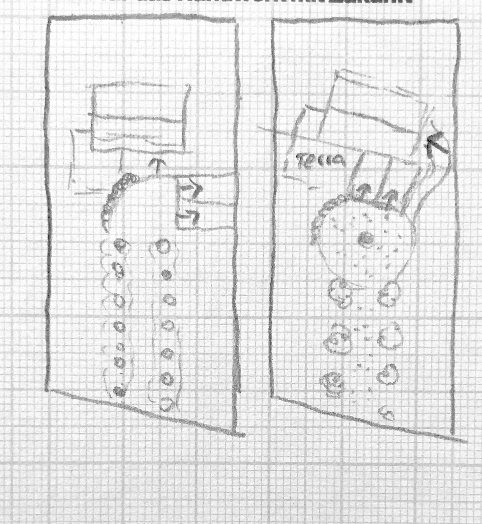 Handskizze eines Treppengrundrisses mit spiralfoermiger Treppe und Raumaufteilung