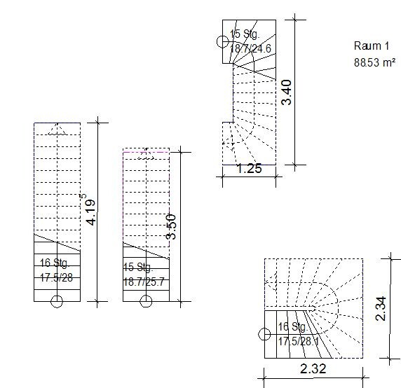 Architekturplan mit Treppengrundriss und Maßangaben, mehrere Treppenabschnitte sichtbar