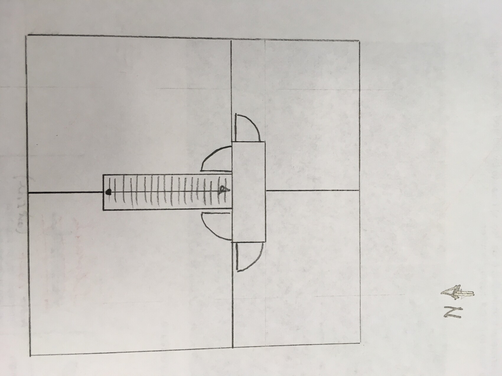 Technische Skizze: Zentraler Block mit zwei schwenkbaren Türen, horizontale Schiene mit Markierungen.