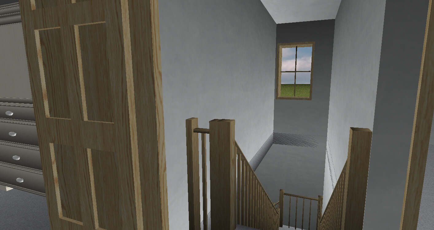 Holztreppe mit Geländer in einem Flur, Blick durch Fenster auf grünen Rasen draußen.