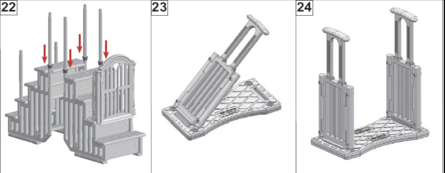 Drei Ansichten eines Treppenschutzsystems: Stufen-Gitter, Rampenhalter und Türgitter.