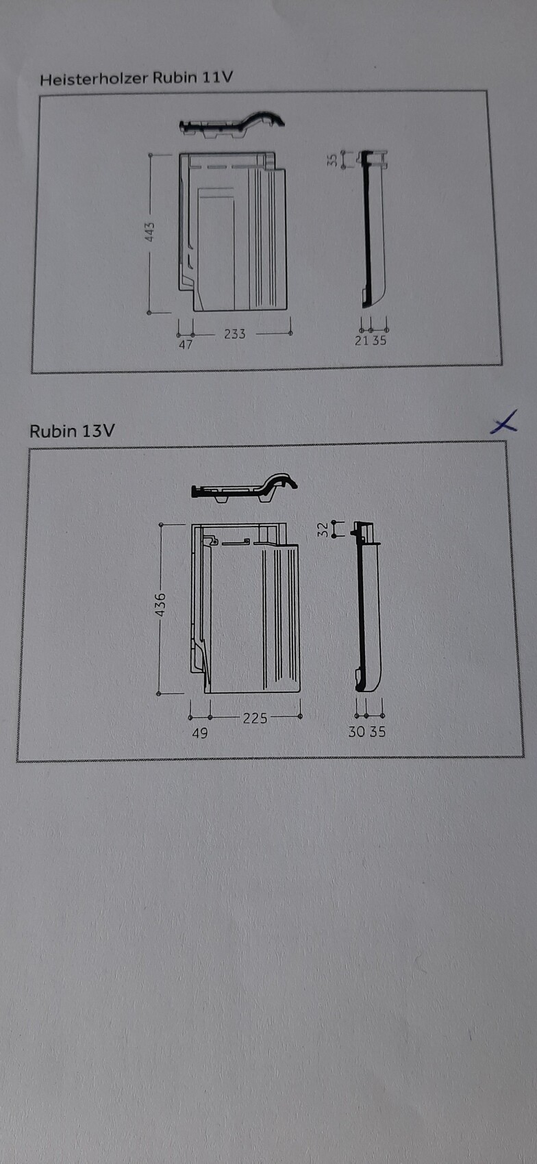Zwei technische Zeichnungen: Rubin 11V und Rubin 13V mit Abmessungen und Bauteilen.