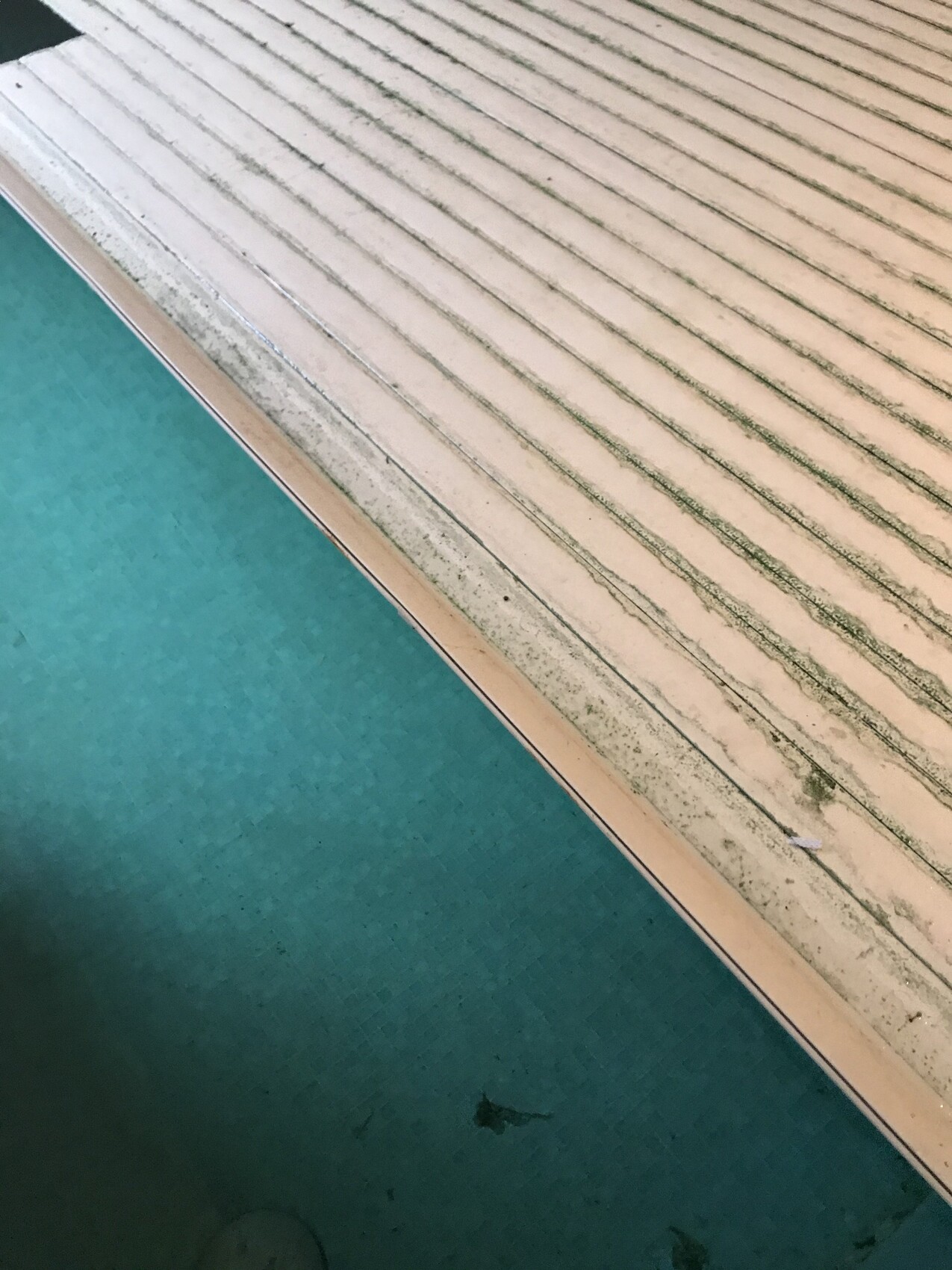 Nahaufnahme einer gebogenen Poolkante: beige Stufen mit Rillen neben türkisfarbenem Wasser.