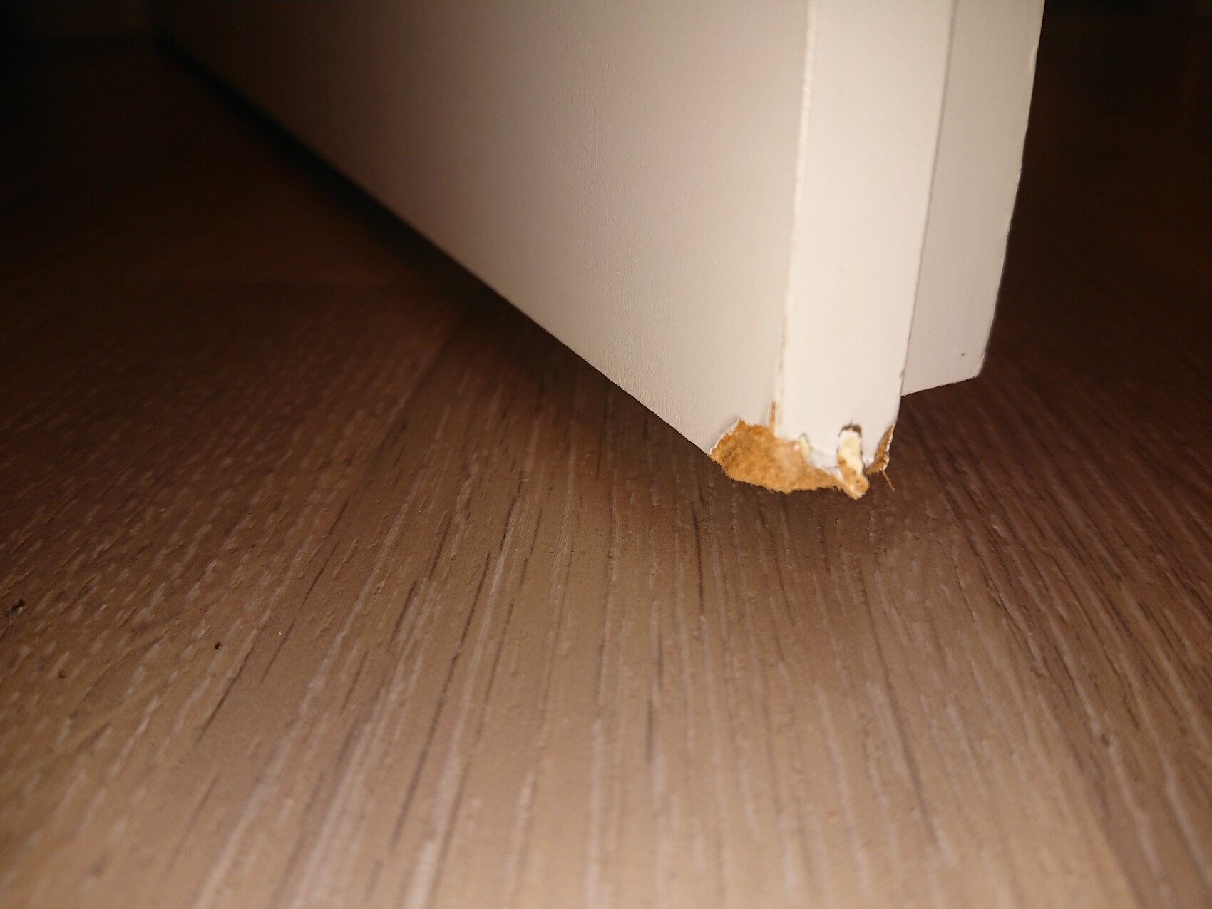 Weiße Möbelkante am Boden; beschädigte Bodenkante mit freiliegendem braunen Holz.