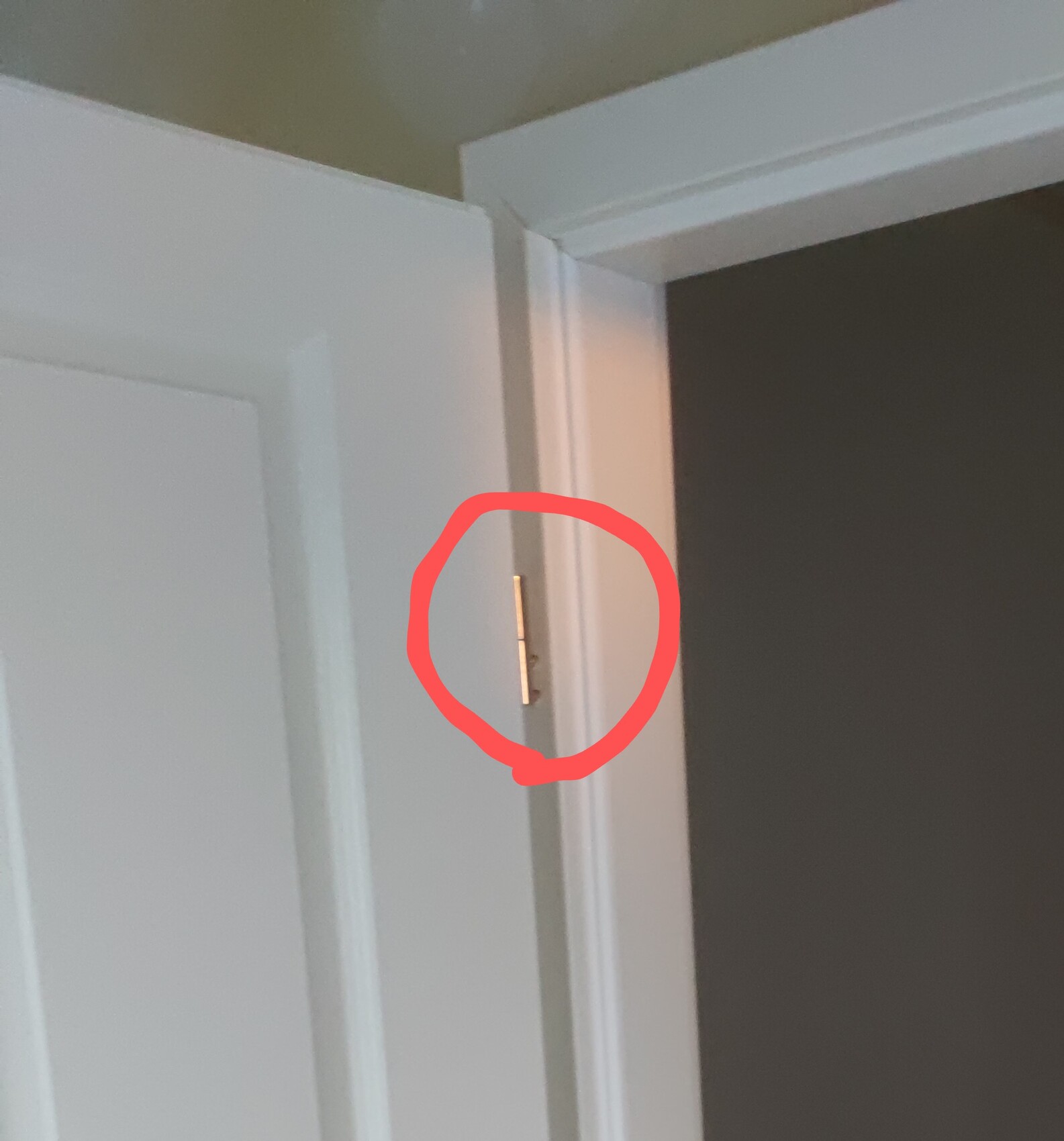 Weißer Innen-Türrahmen mit einem kleinen vertikalen Metallstift am Türrand.