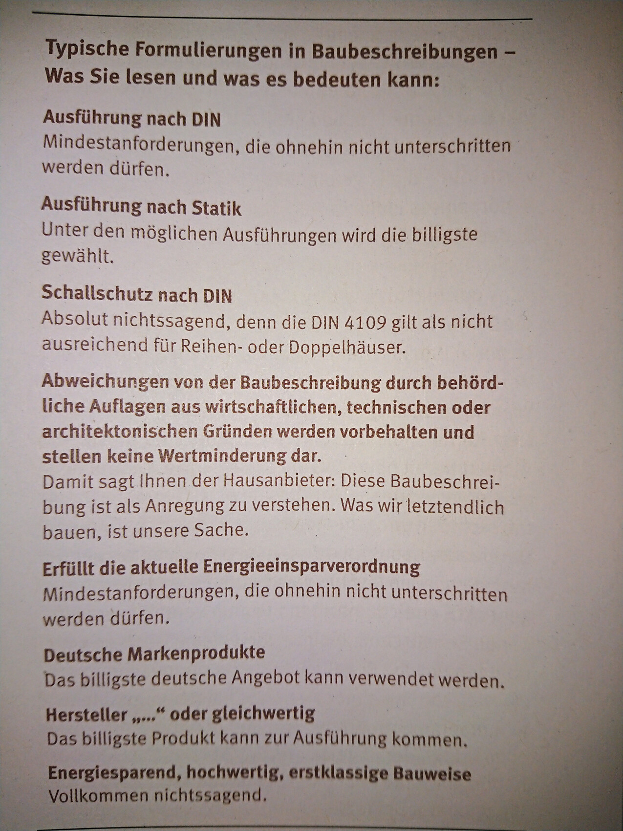 Seite mit Titel: Typische Baubeschreibungen, DIN-/Schallschutz-Themen und Hinweise.