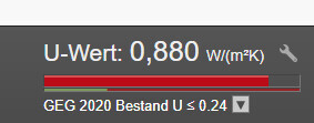 Screenshot zeigt U-Wert 0,880 W/(m²K) und Dämmung der Gebäudehülle