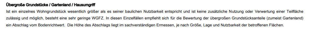 Dokument mit Überschrift Übergroße Grundstücke / Gartenland; Text zu Nutzbarkeit und Abschlagshöhe.