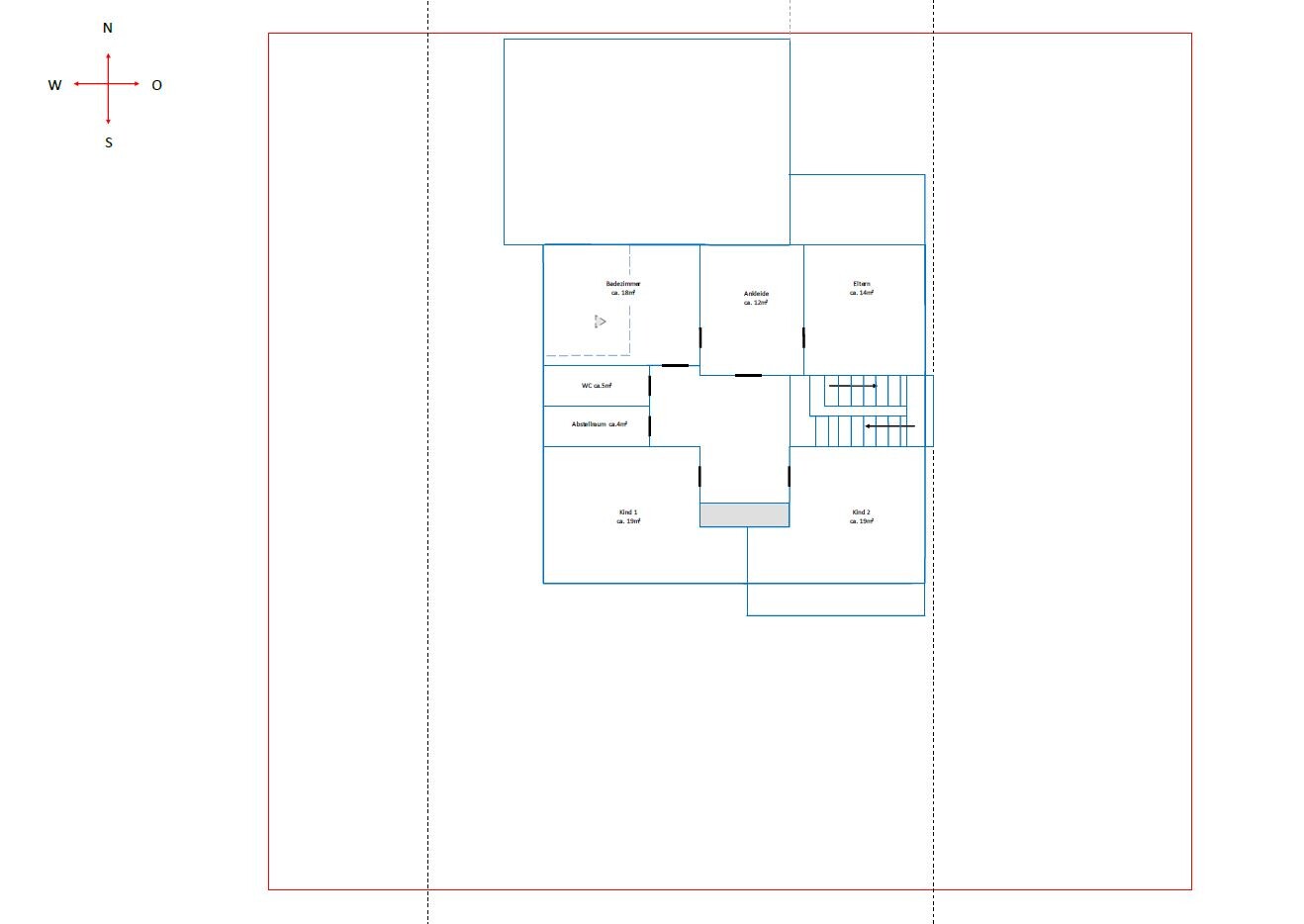 Grundriss eines Hauses mit Bad, WC, Abstellraum, Ankleide, Eltern- und Kinderzimmer.